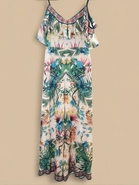 Flying Tomato Tropical Ruffle Jumpsuit Tan Floral Sphagetti Strap Wide Leg Small